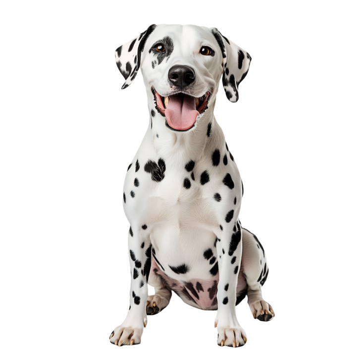 a daly dog sitting down with its tongue out