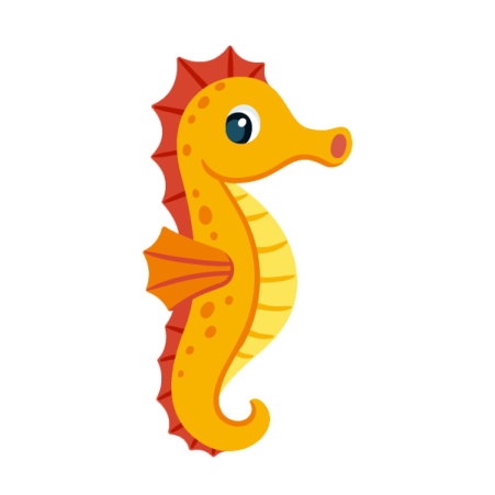 a yellow seahorse with blue eyes