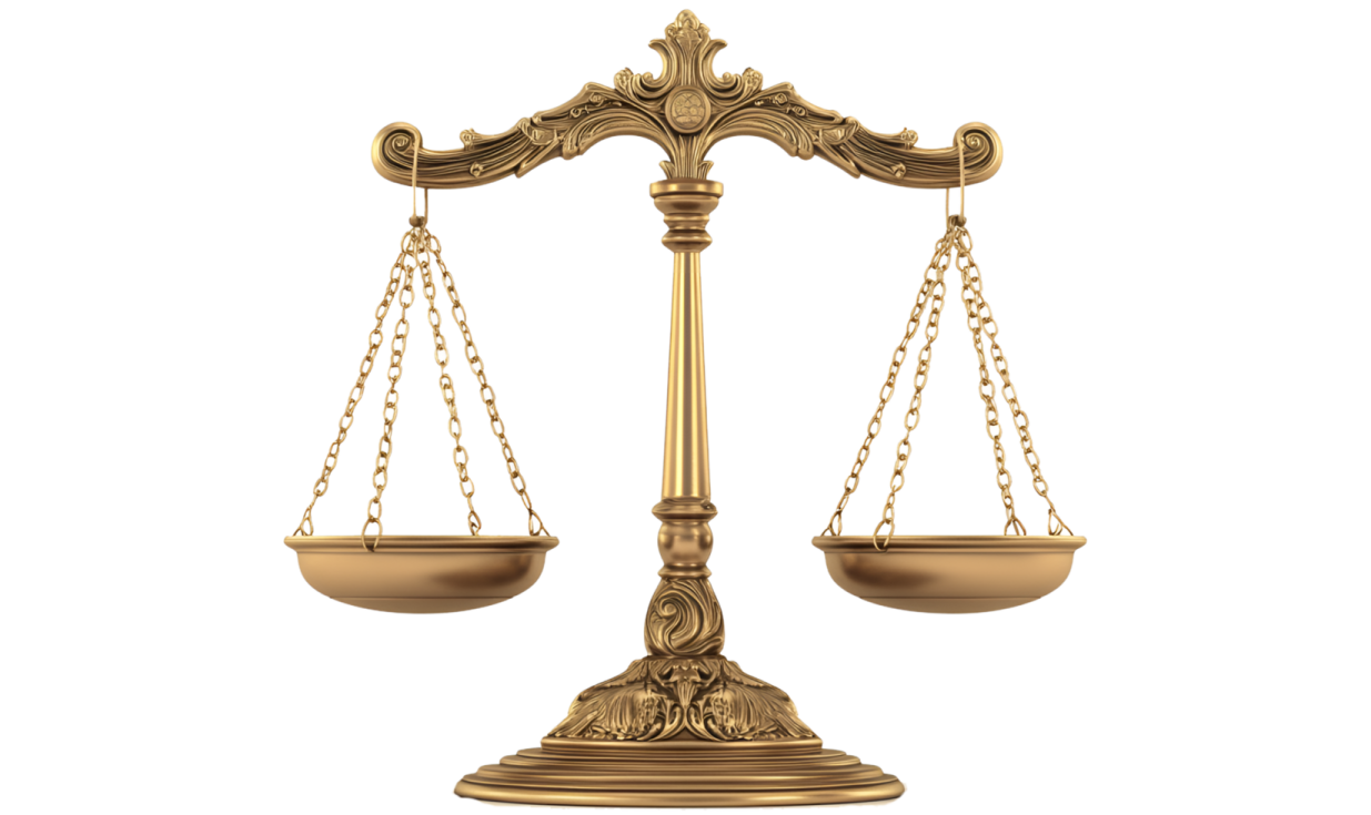a golden balance scale on a white background