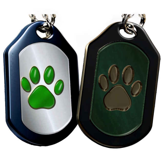 two dog tags with a paw print on them