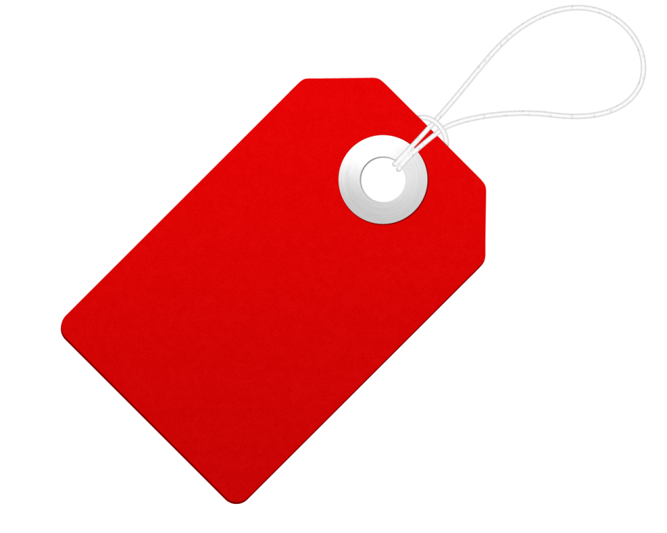 a red price tag on a white background