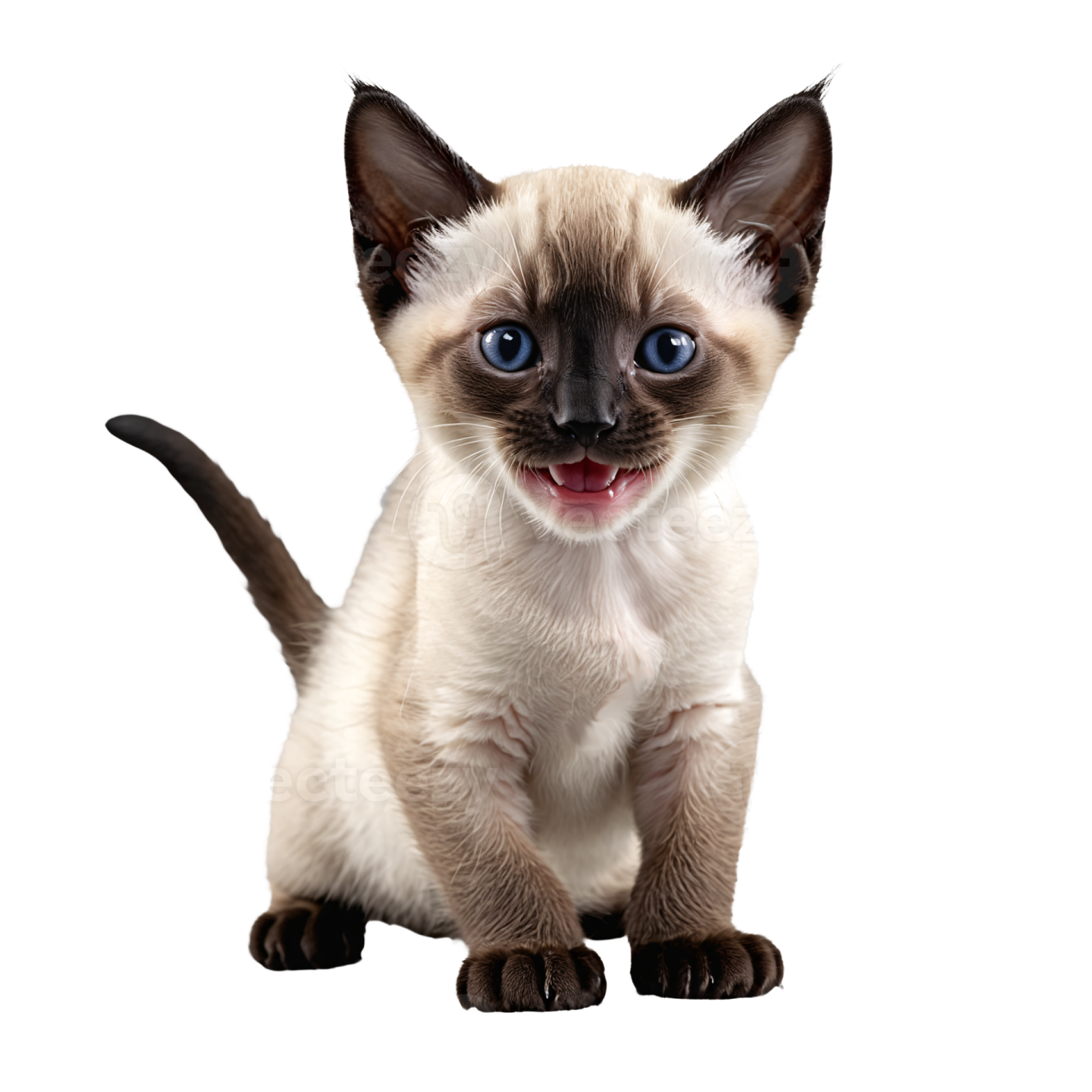 a siam cat with blue eyes sitting down