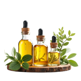 a bottle of olive oil and some leaves