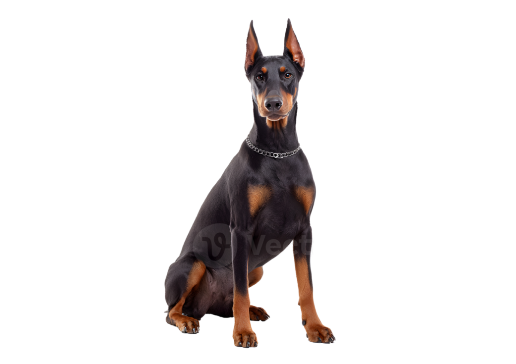a black and tan doberman dog sitting down