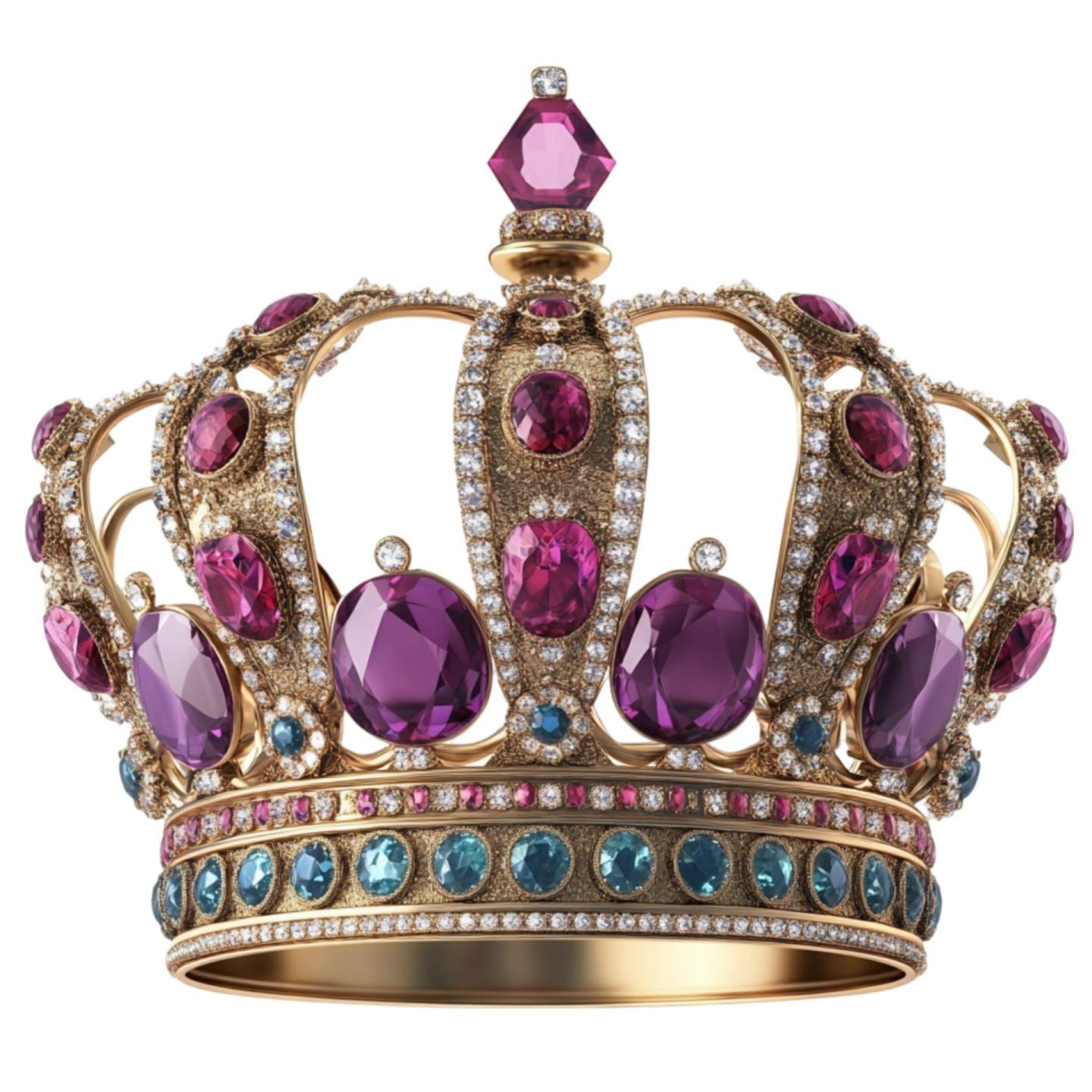 a gold crown with purple and blue gems