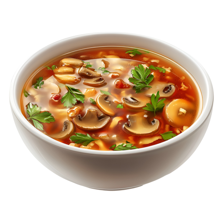 a bowl of soup with mushrooms and herbs