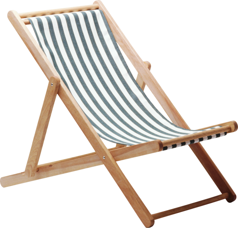 a wooden deck chair with blue and white stripes