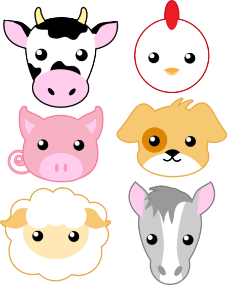 a set of four farm animal faces