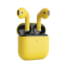 a pair of yellow airpodss