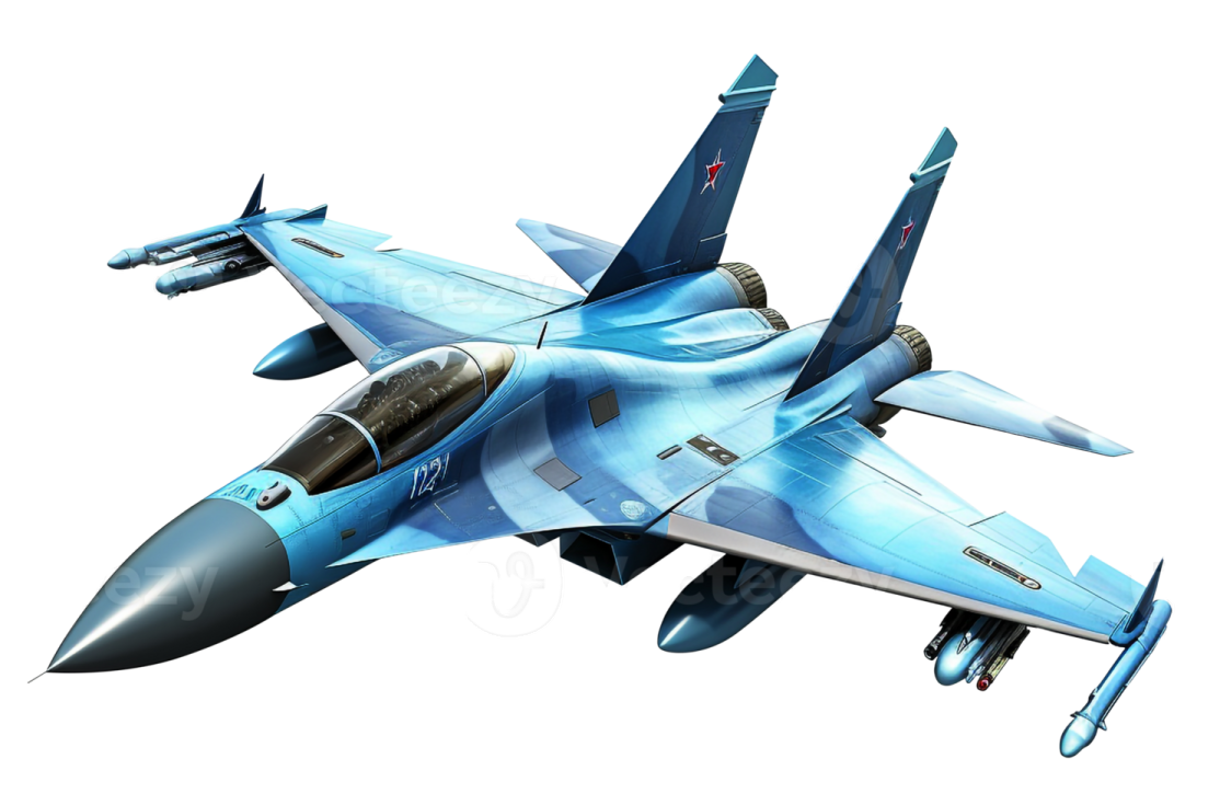 a blue fighter jet flying in the air