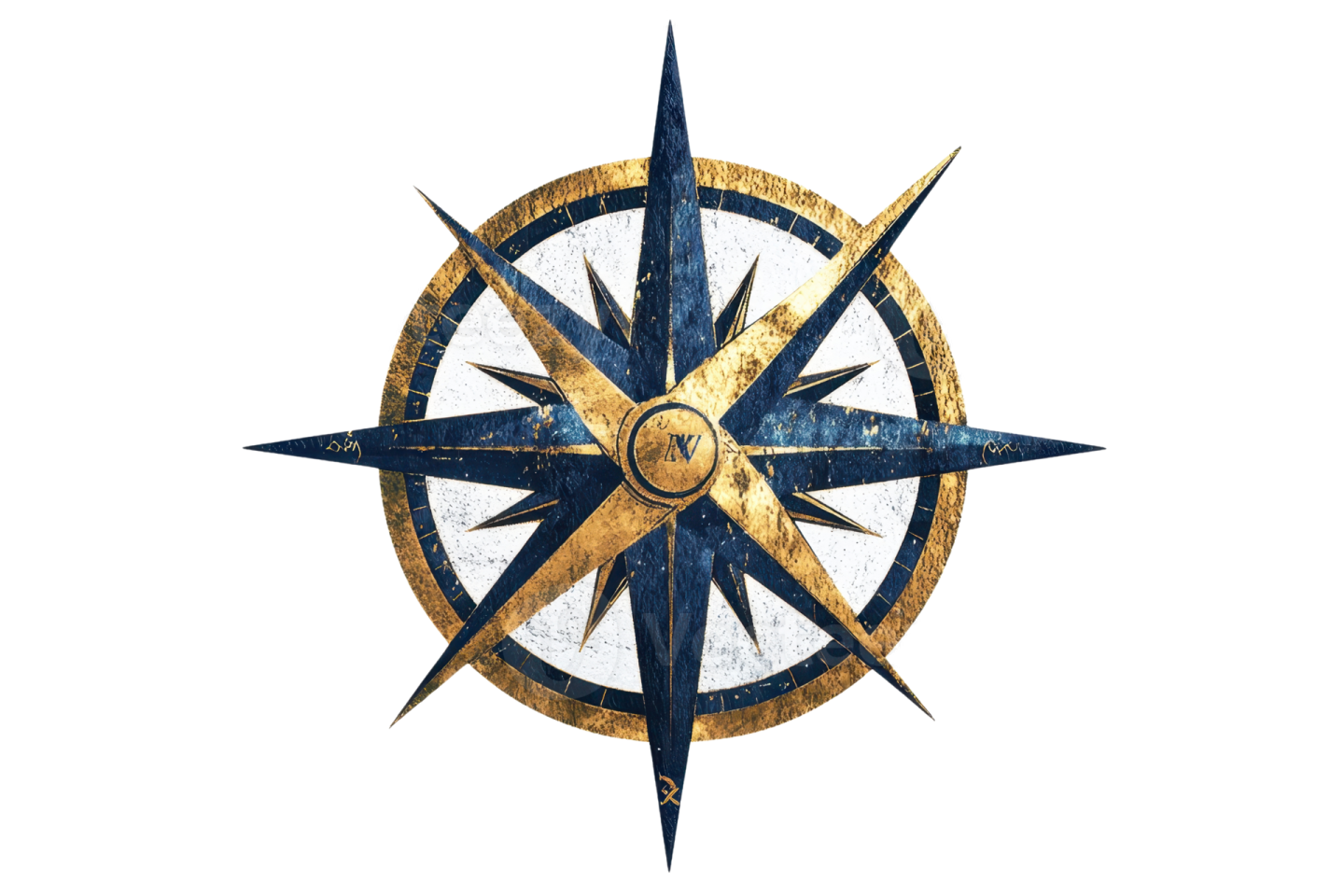 a blue and gold compass on a white background