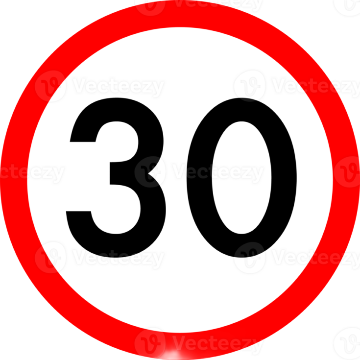 a red and white sign with the number 30 on it