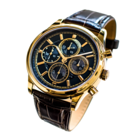 a gold watch with black dial