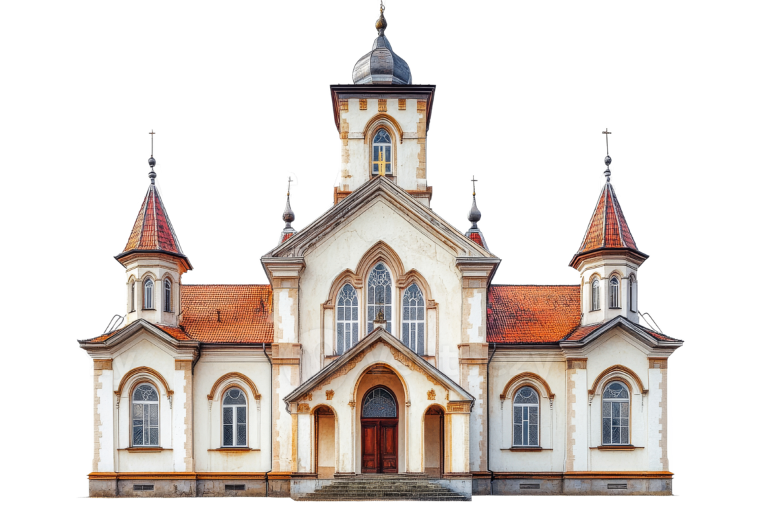 an old church on a white background