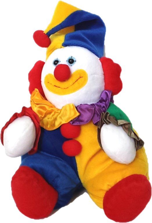 a stuffed clown sitting on top of a white surface