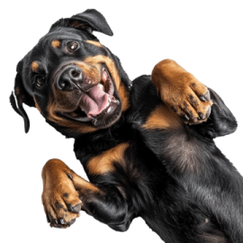 a black and brown dog jumping up in the air