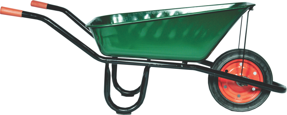 a green wheelbar with red wheels