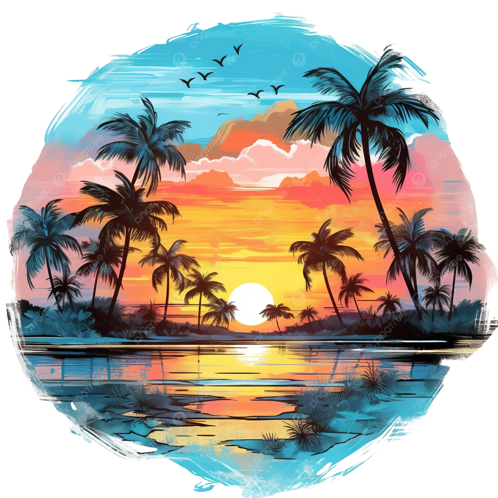 a tropical sunset with palm trees and birds