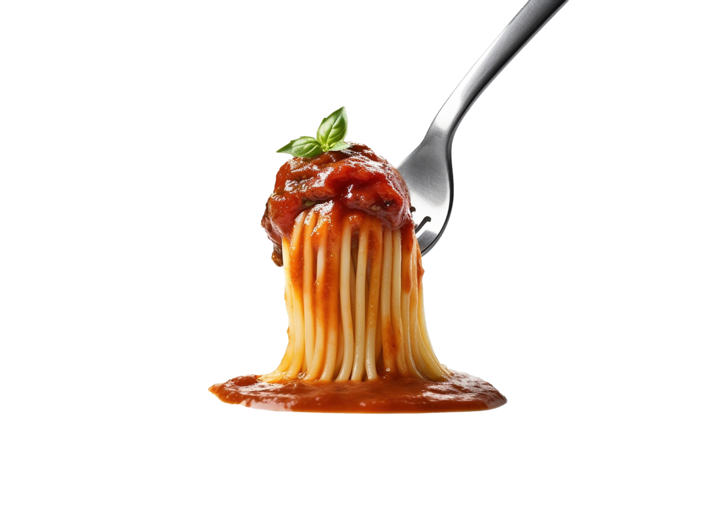 a fork with spaghetti and sauce on it