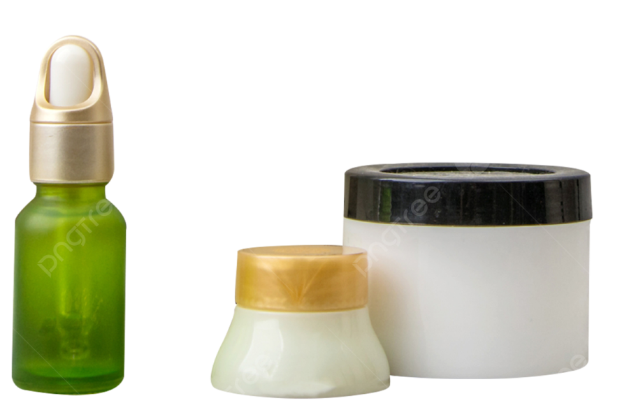 a bottle of green liquid next to a container of white liquid