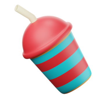 a red and blue cup with a wooden handle