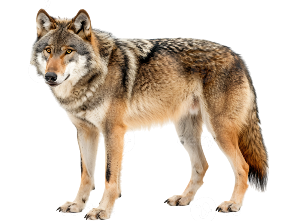 a wolf standing in front of a white background