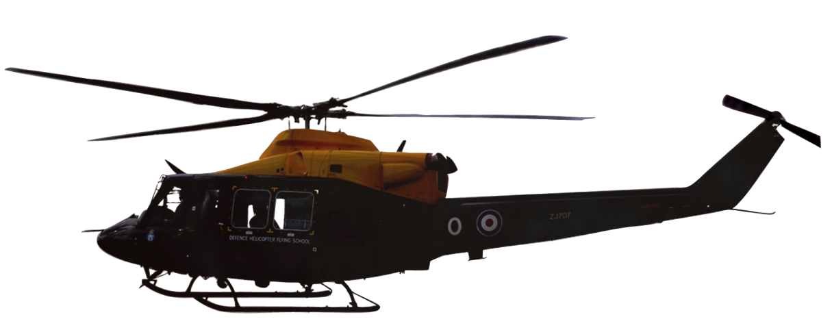 a black and yellow helicopter flying in the sky