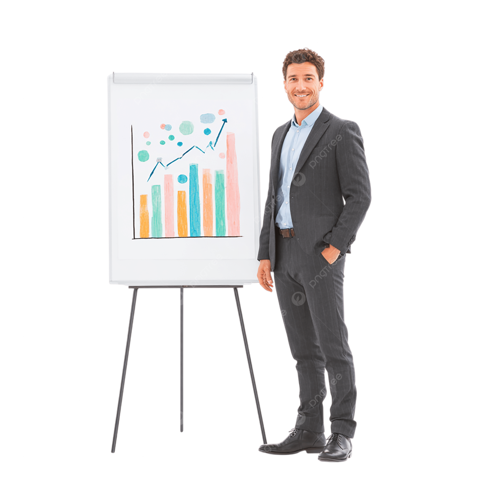 a man in a suit standing next to a whiteboard with graphs on it