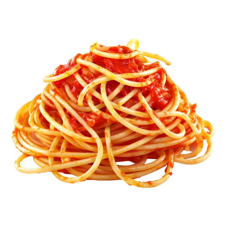 a pile of spaghetti with tomato sauce on top