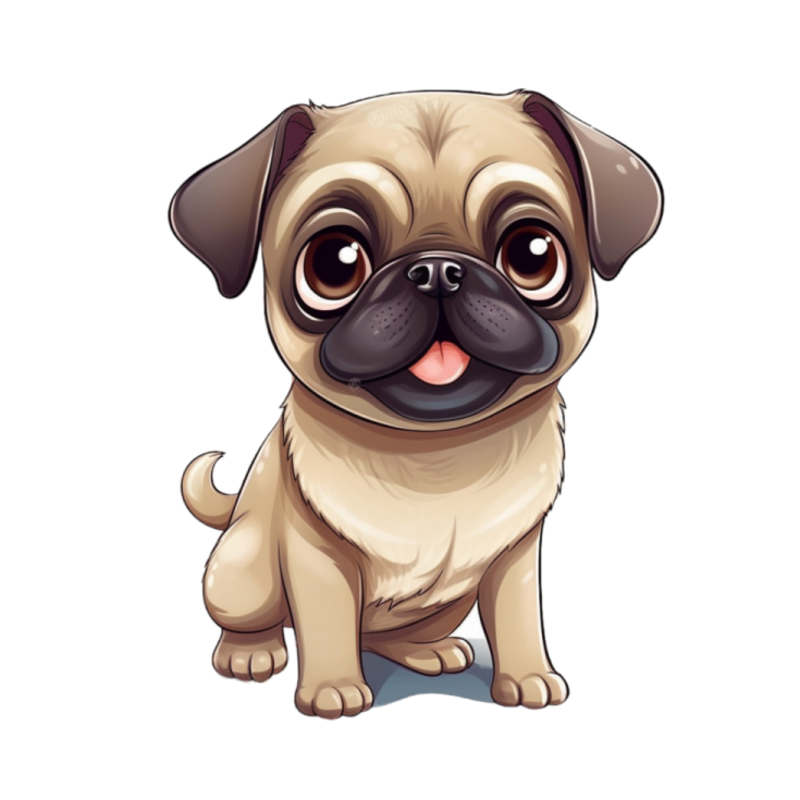 a cartoon pug sitting on the ground