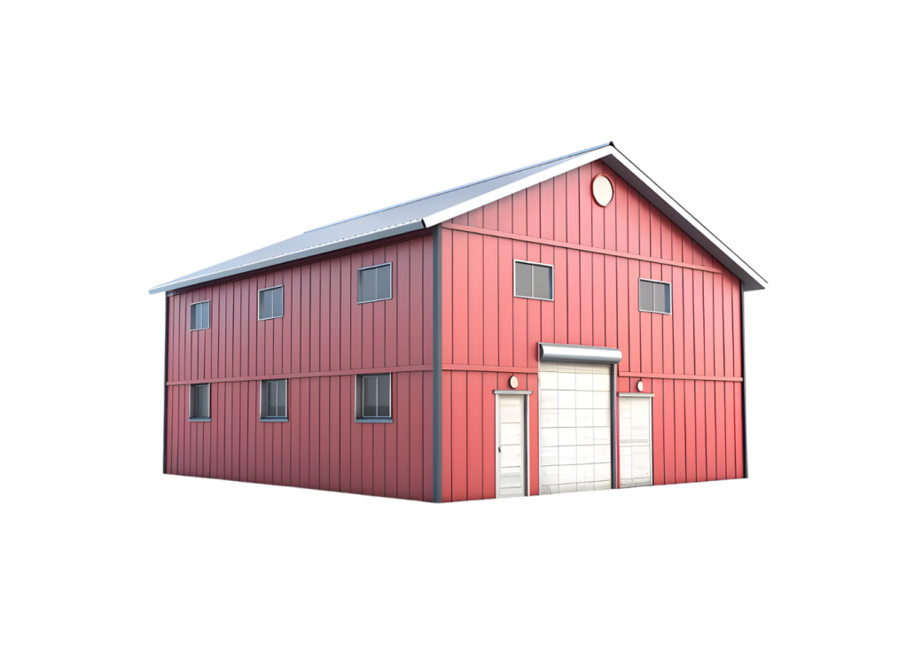 a red barn with a white door and windows