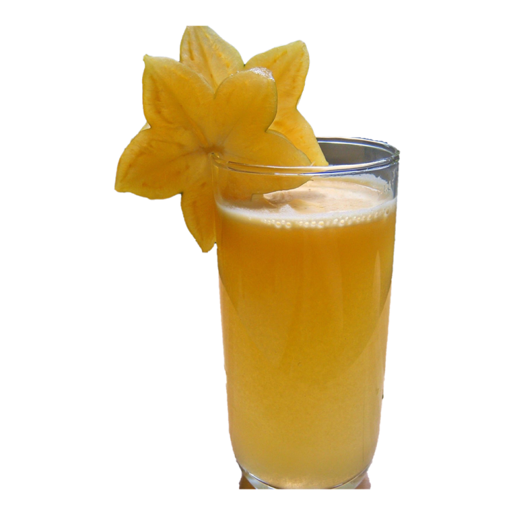 a glass of orange juice with a flower on top