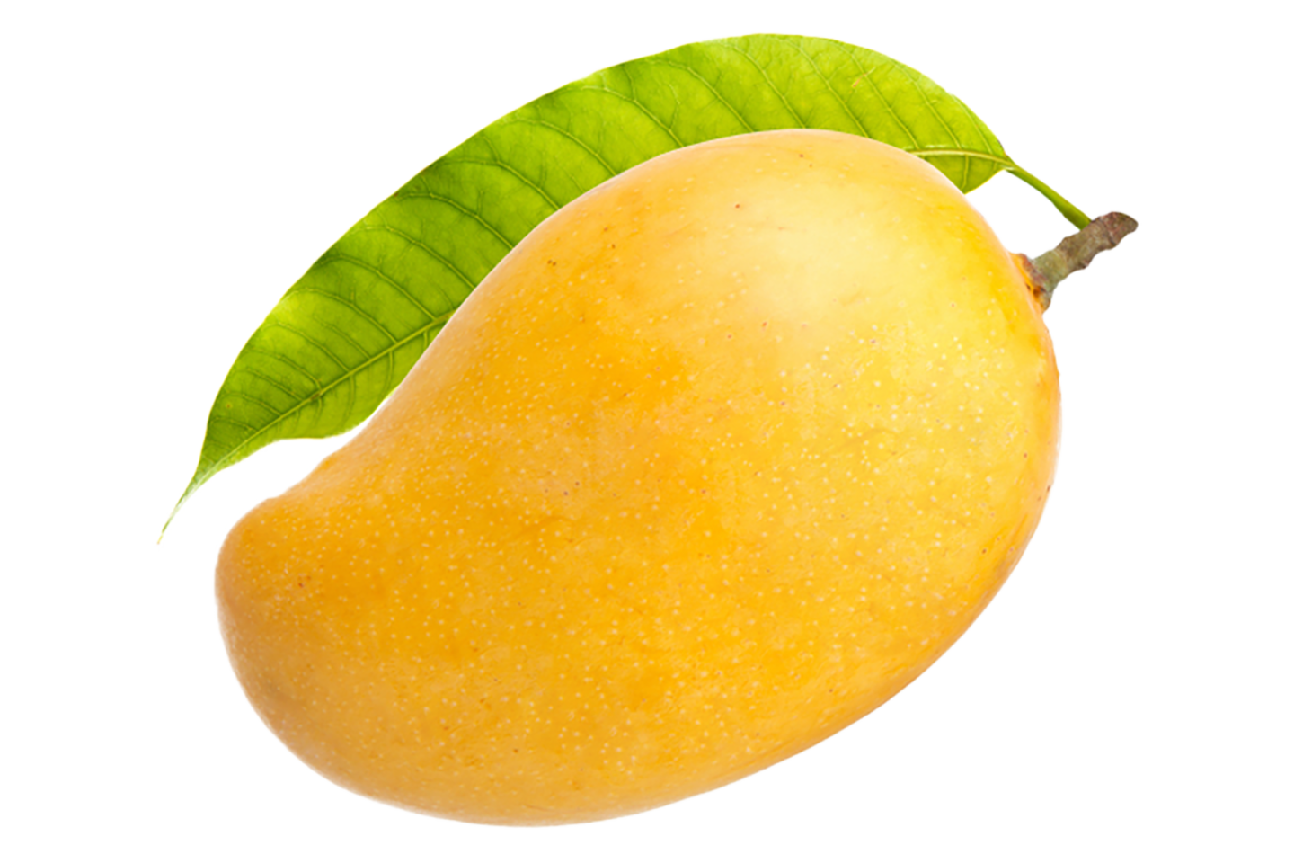a yellow pear with a green leaf on it