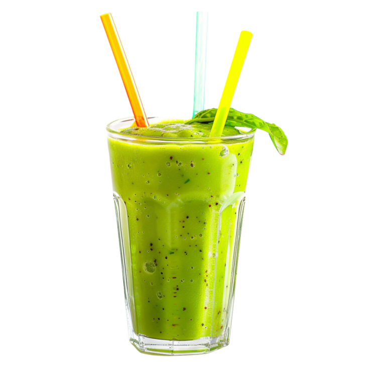 a glass filled with green smoothie and two straws