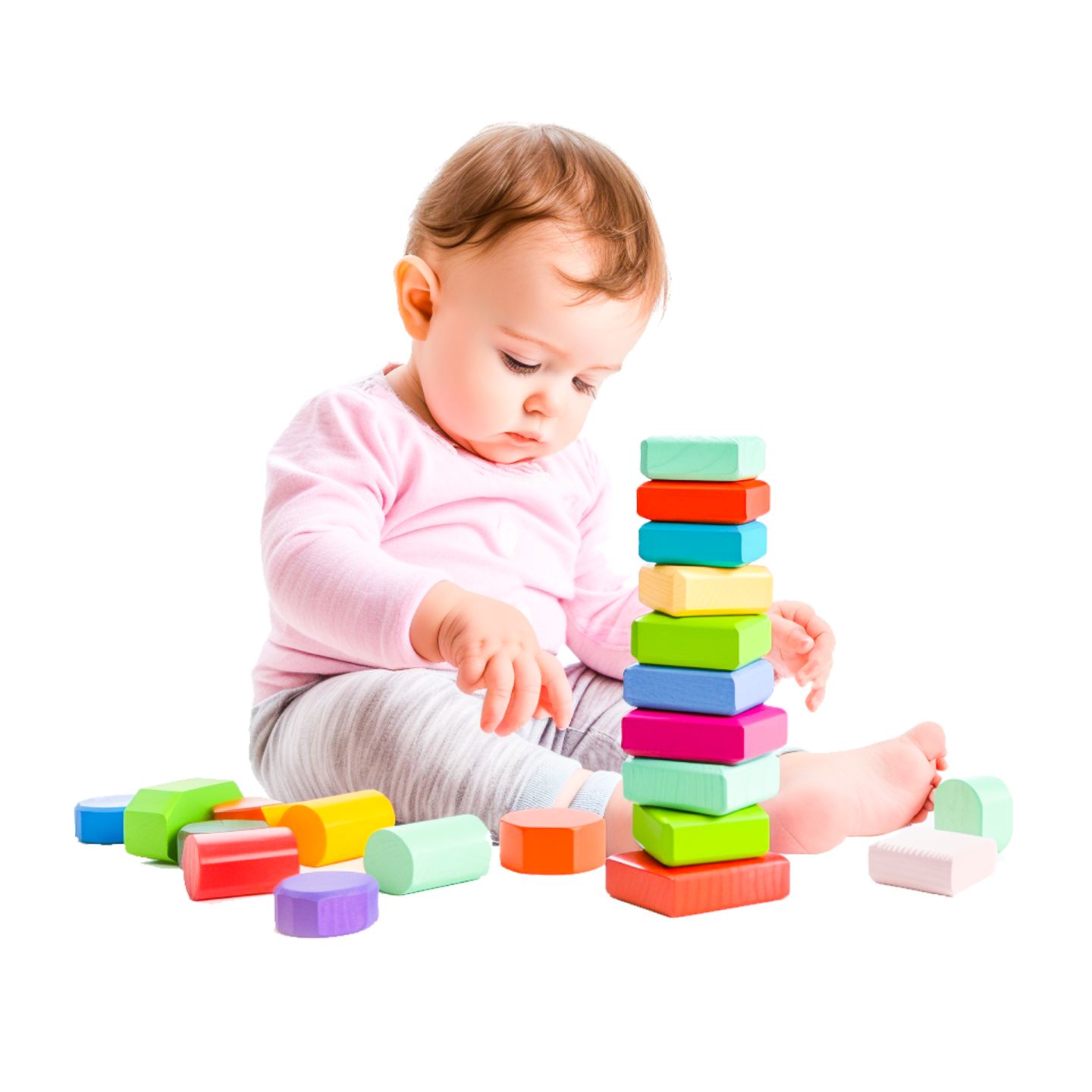 a baby playing with wooden blocks
