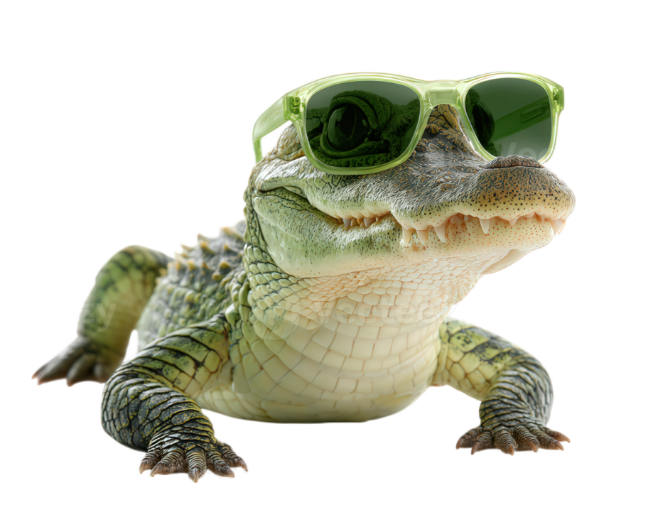 a close up of a crocodile wearing sunglasses