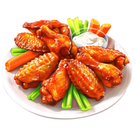 a plate with chicken wings and vegetables on it
