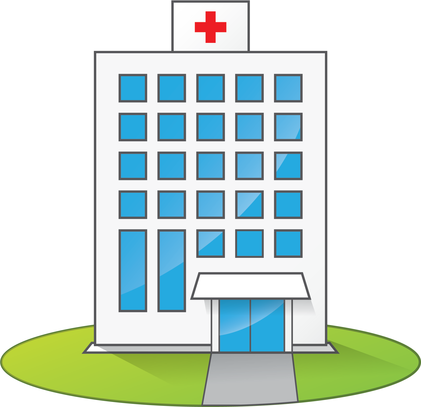 a hospital building with a red cross on top