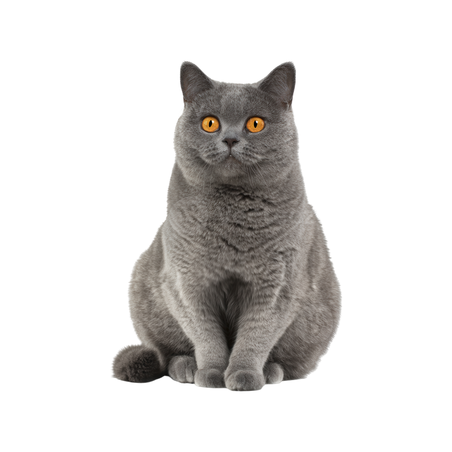 a grey cat sitting down and looking at the camera