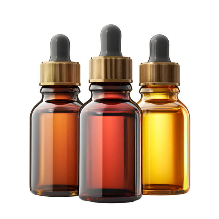 three bottles of essential oil on white background