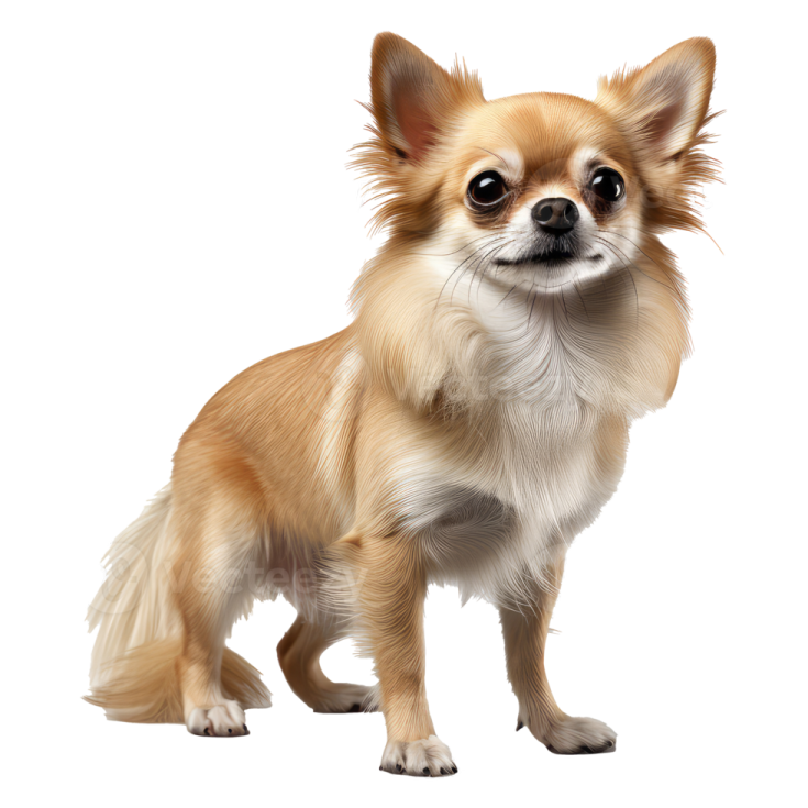 a small dog standing on a white surface