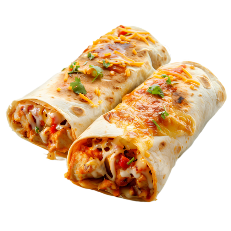 a close up of two burritos on a white background