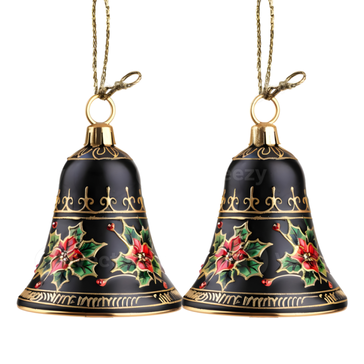 two christmas bells hanging on a white background