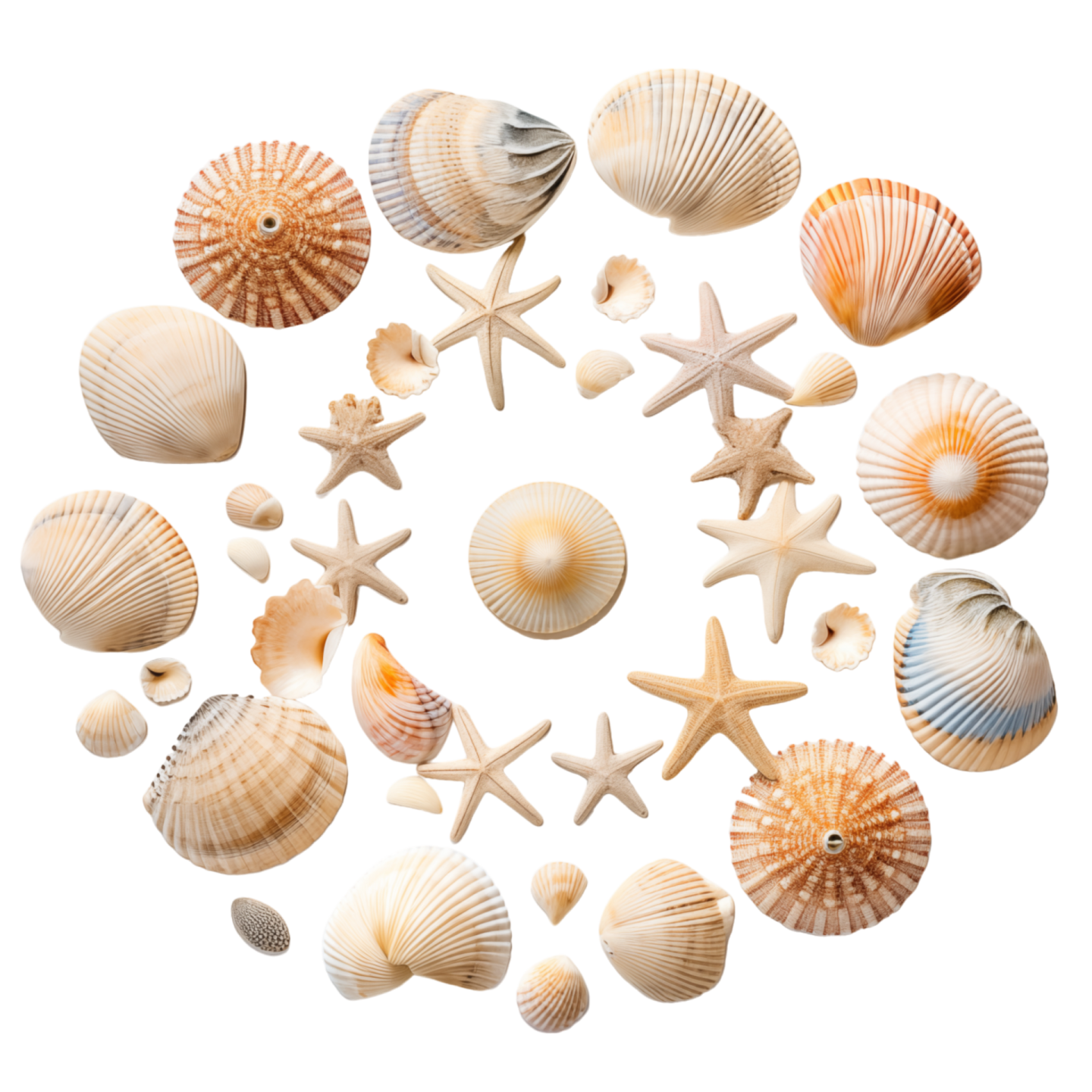 a circle of sea shells on a white background