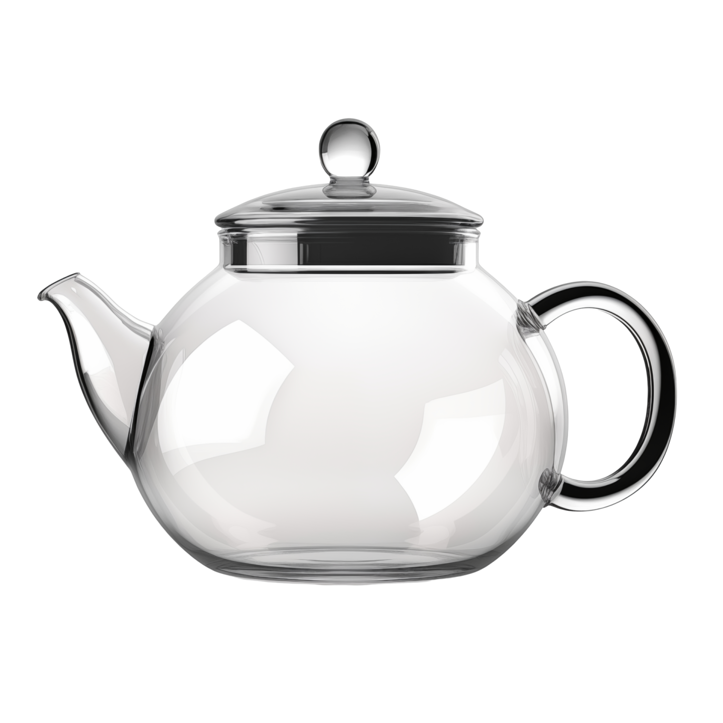 a glass teapot with a black lid