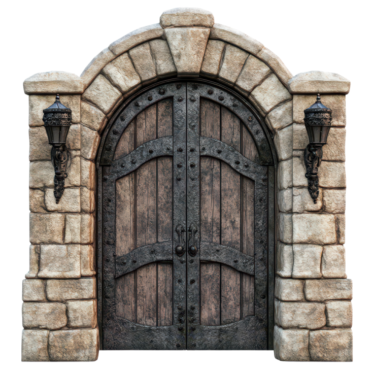 an old wooden door with a stone arch