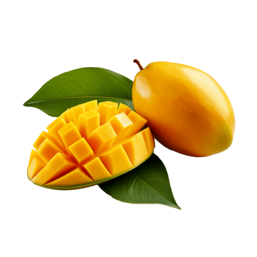 a mango cut in half on a white background