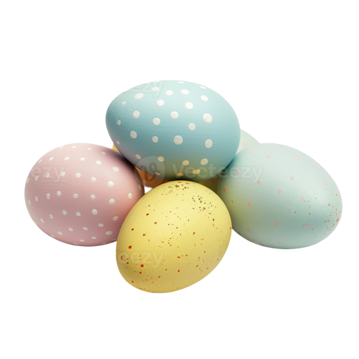 a pile of painted eggs on a white background