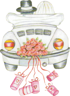 a wedding car with roses and shoes