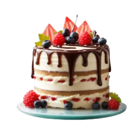 a cake with chocolate and berries on top